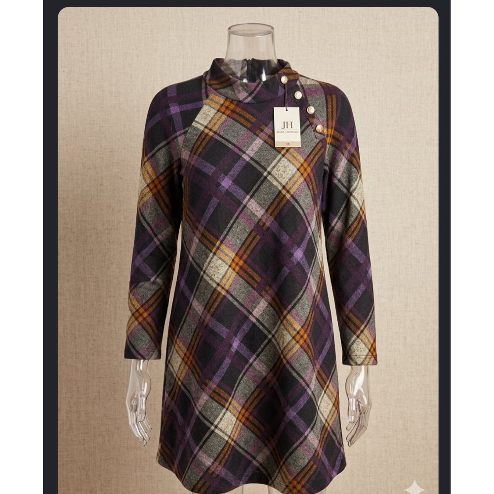 Jessica Howard Womens Plaid Mock Neck Shift Dress Purple Orange Gold Button 10